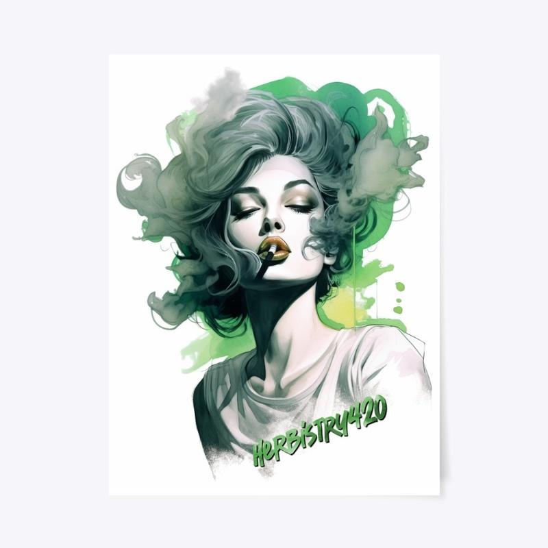 Watercolor Girl Smoking Weed